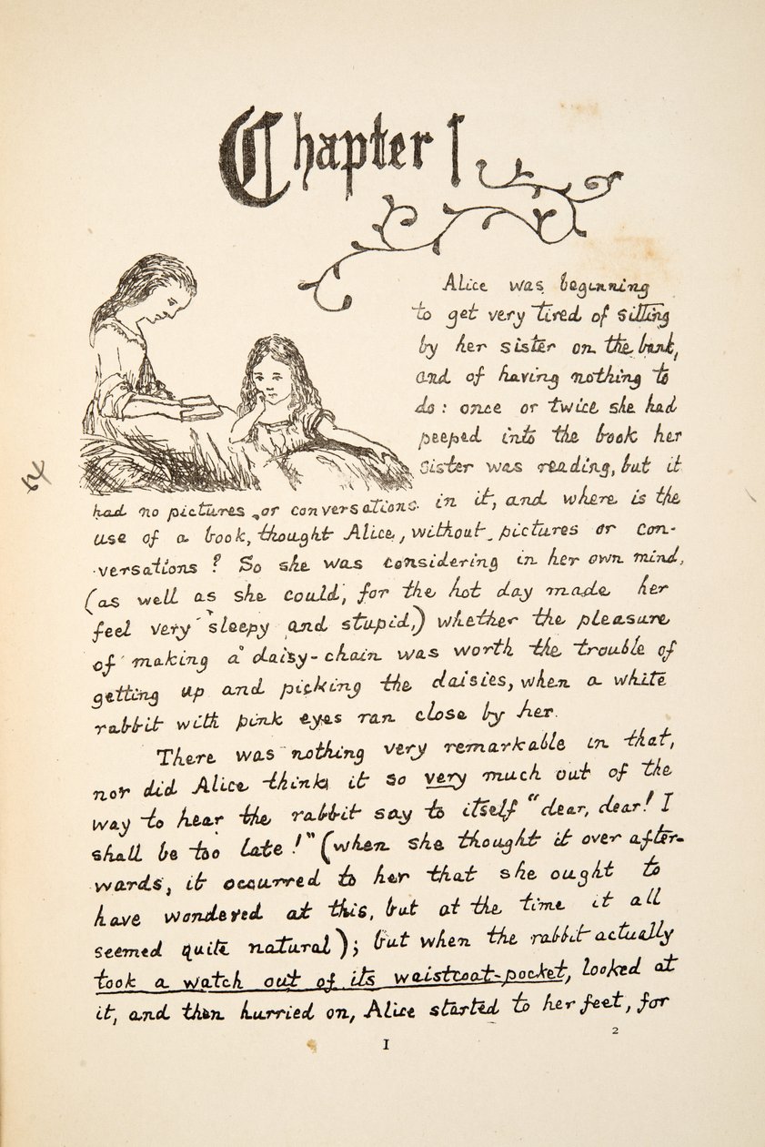 Alice a nővérével, illusztráció az Alices Adventures Under Ground-ból, kocsma. 1886 (fax) alkotó: Charles Lutwidge Dodgson