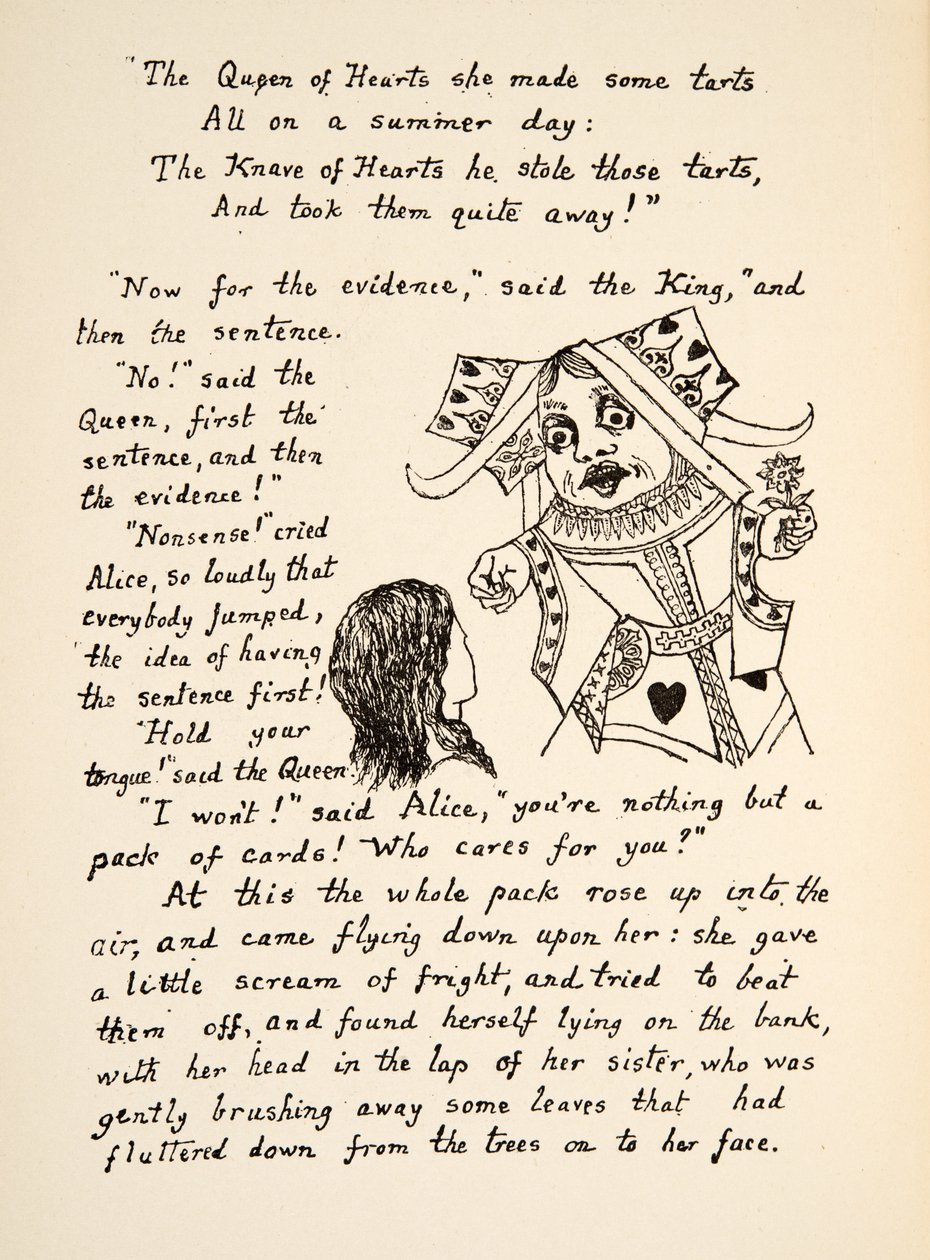 A Vörös Királynő azt mondja: Tartsd a nyelved Alice-nek, illusztráció az Alices Adventures Under Groundból, pub. 1886 (fakszimile) alkotó: Charles Lutwidge Dodgson