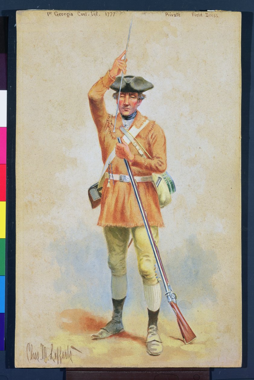Az amerikai forradalom egyenruhái: 1777-es privát mezei ruha az 1. Georgia kontinentális gyalogságtól (gouache és wc papíron) alkotó: Charles MacKubin Lefferts