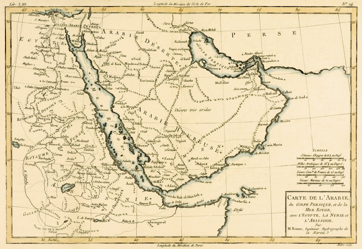 Arábia, a Perzsa-öböl és a Vörös-tenger, Egyiptommal, Núbiával és Abesszíniával, Guillaume Raynal (1713-96) „Atlas de Toutes les Parties Connues du Globe Terrestre” című művéből, Genf, 1780 (színes) alkotó: Charles Marie Rigobert Bonne