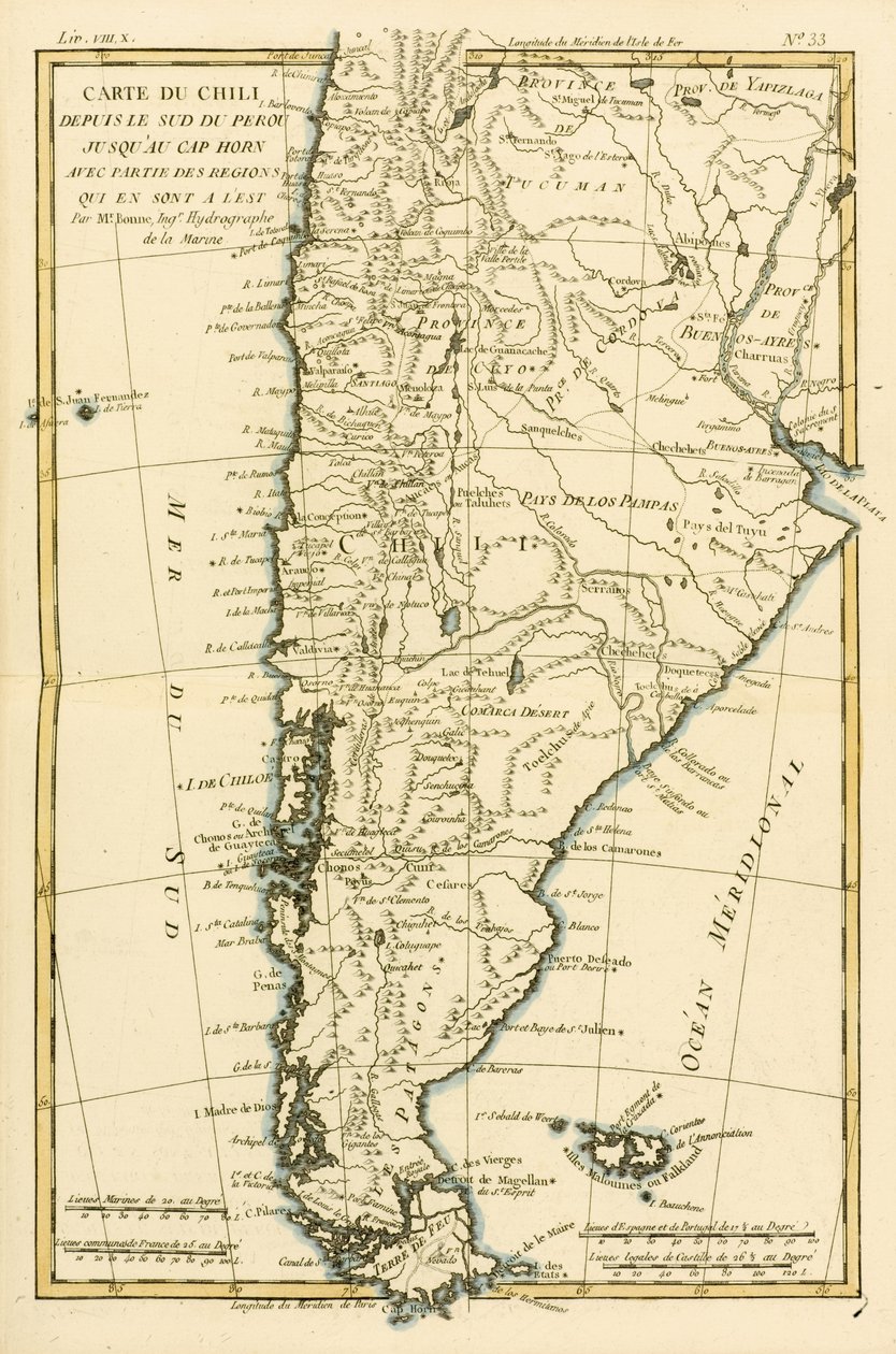 Chile, Peru déli részétől a Horn-fokig, Guillaume Raynal (1713-96) „Atlas de Toutes les Parties Connues du Globe Terrestre” című művéből, Genf, 1780 alkotó: Charles Marie Rigobert Bonne