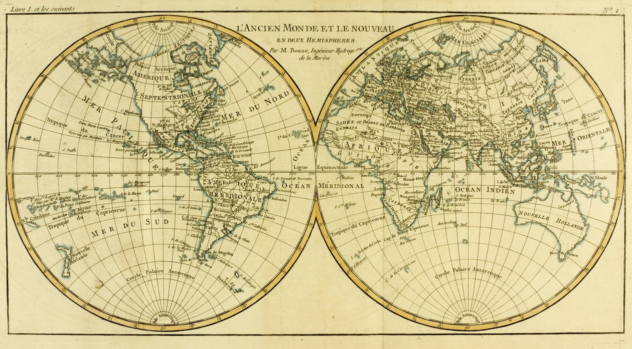 A világtérkép két féltekén Guillaume Raynal (1713-96) „Atlas de Toutes les Parties Connues du Globe Terrestre” című művéből, Genfben, 1780 alkotó: Charles Marie Rigobert Bonne