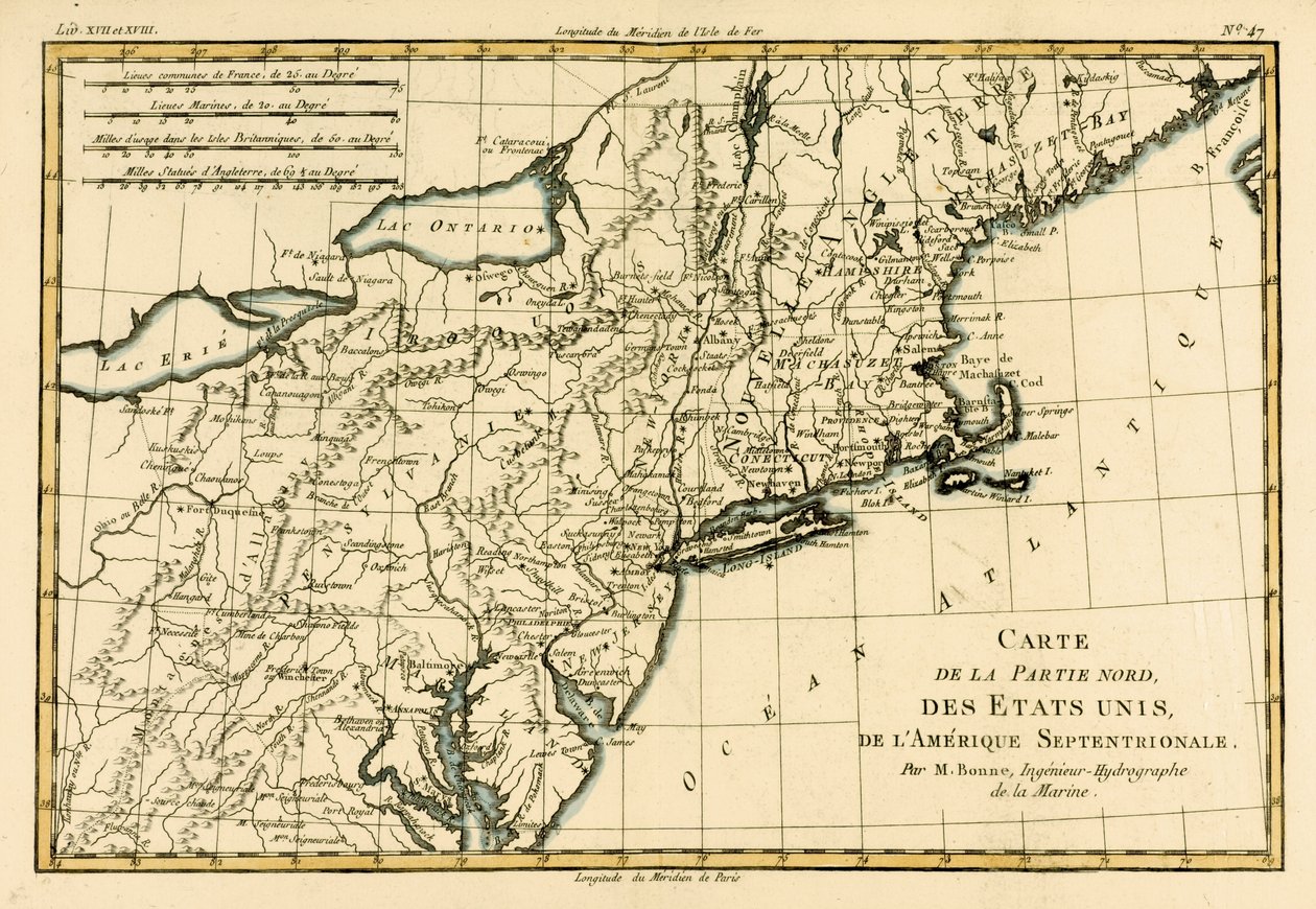 Amerika északkeleti partvidéke, Guillaume Raynal (1713-96) „A földgömb összes ismert részének atlasza” című művéből, J L Pellet, Genf, 1780 alkotó: Charles Marie Rigobert Bonne