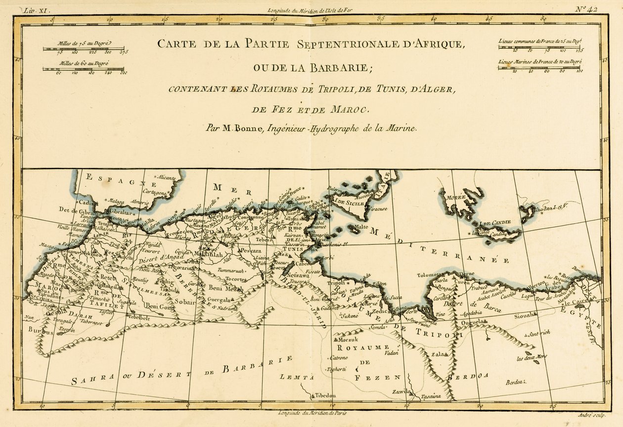Észak-Afrika, beleértve Tripoli, Tunisz és Algír Királyságokat; Fez és Marokkó, Guillaume Raynal (1713-96) a Földgömb összes ismert részének atlaszából, 1780-ban, Genfben (színes) alkotó: Charles Marie Rigobert Bonne