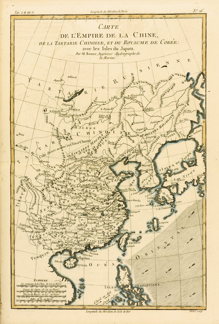 A Kínai Birodalom, a Kínai Tatár és a Koreai Királyság a Japán-szigetekkel, Guillaume Raynal (1713-96) Atlas de Toutes les Parties Connues du Globe Terrestre című művéből, 1780-ban (colou) alkotó: Charles Marie Rigobert Bonne