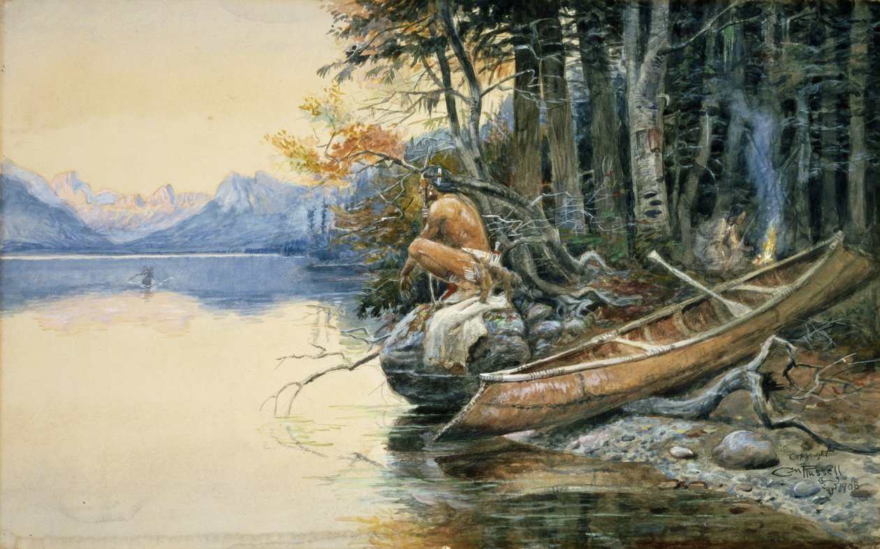 Egy táborhely a tó mellett, 1908 alkotó: Charles Marion Russell