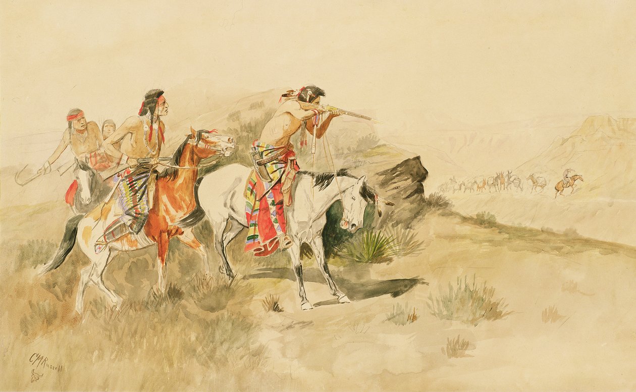 Attack on the Muteers, 1895 körül (ceruza és WC papíron) alkotó: Charles Marion Russell