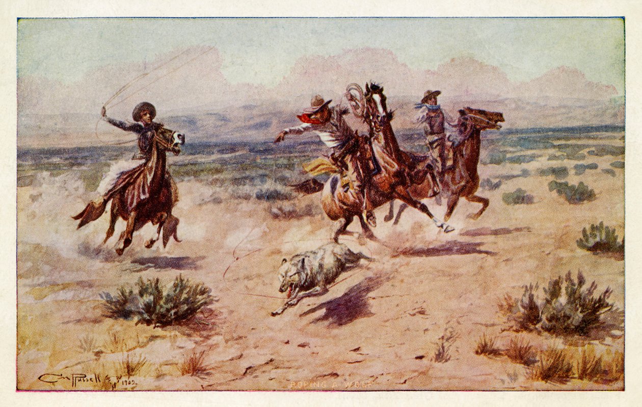 Cowboyok üldöznek egy préri farkast alkotó: Charles Marion Russell