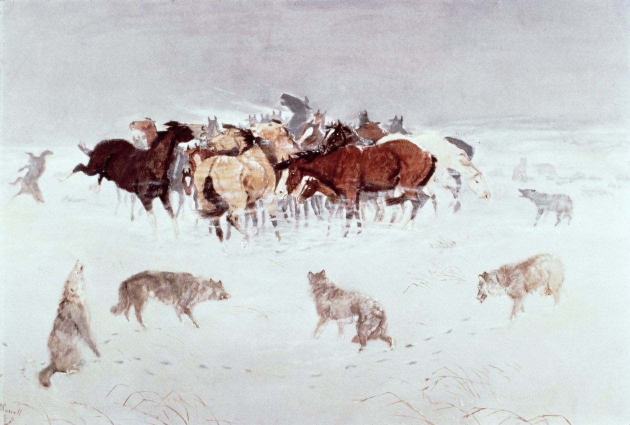 "Flying Hooves" (akvarell papíron) alkotó: Charles Marion Russell