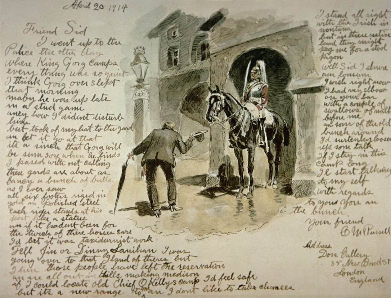Illusztrált levél, 1914. április 20. (toll és tinta, mosás papíron) alkotó: Charles Marion Russell