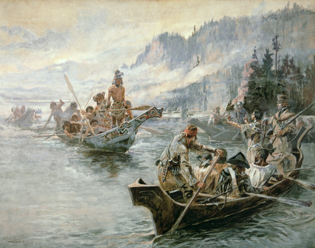 Lewis és Clark az Alsó-Columbia folyón alkotó: Charles Marion Russell