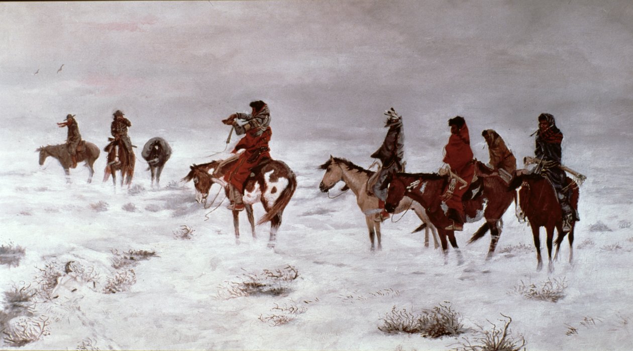 „Elveszett a hóviharban – Barátok vagyunk”, 1888 (olaj, vászon) alkotó: Charles Marion Russell