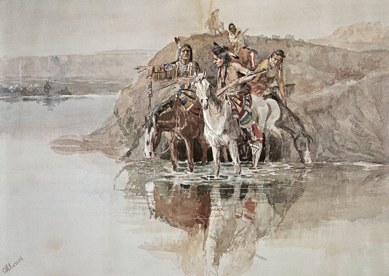 Indián "háborús párt" (akvarell papíron) alkotó: Charles Marion Russell