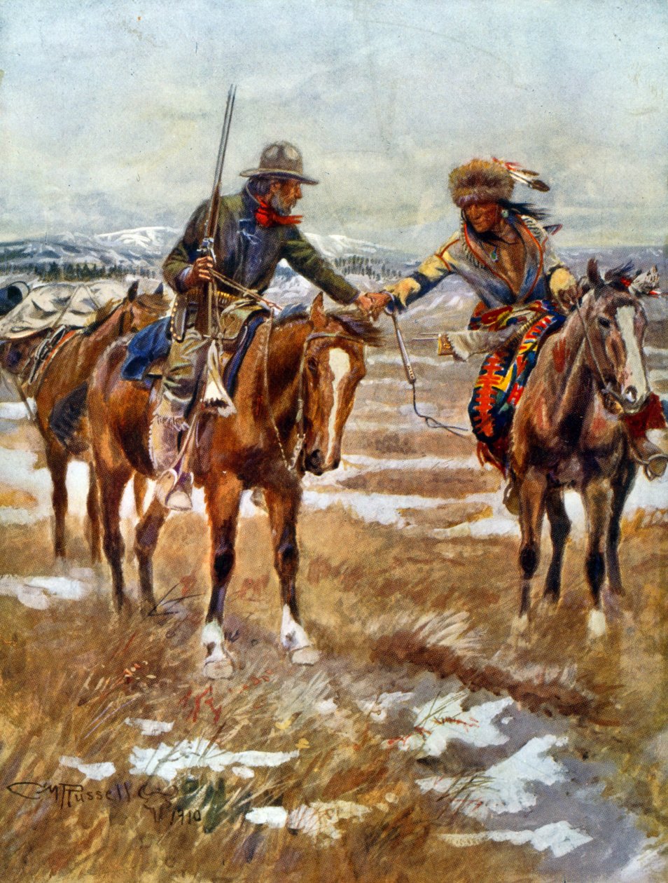 Lóháton kezet szorító amerikai és indián férfiak találkozása alkotó: Charles Marion Russell