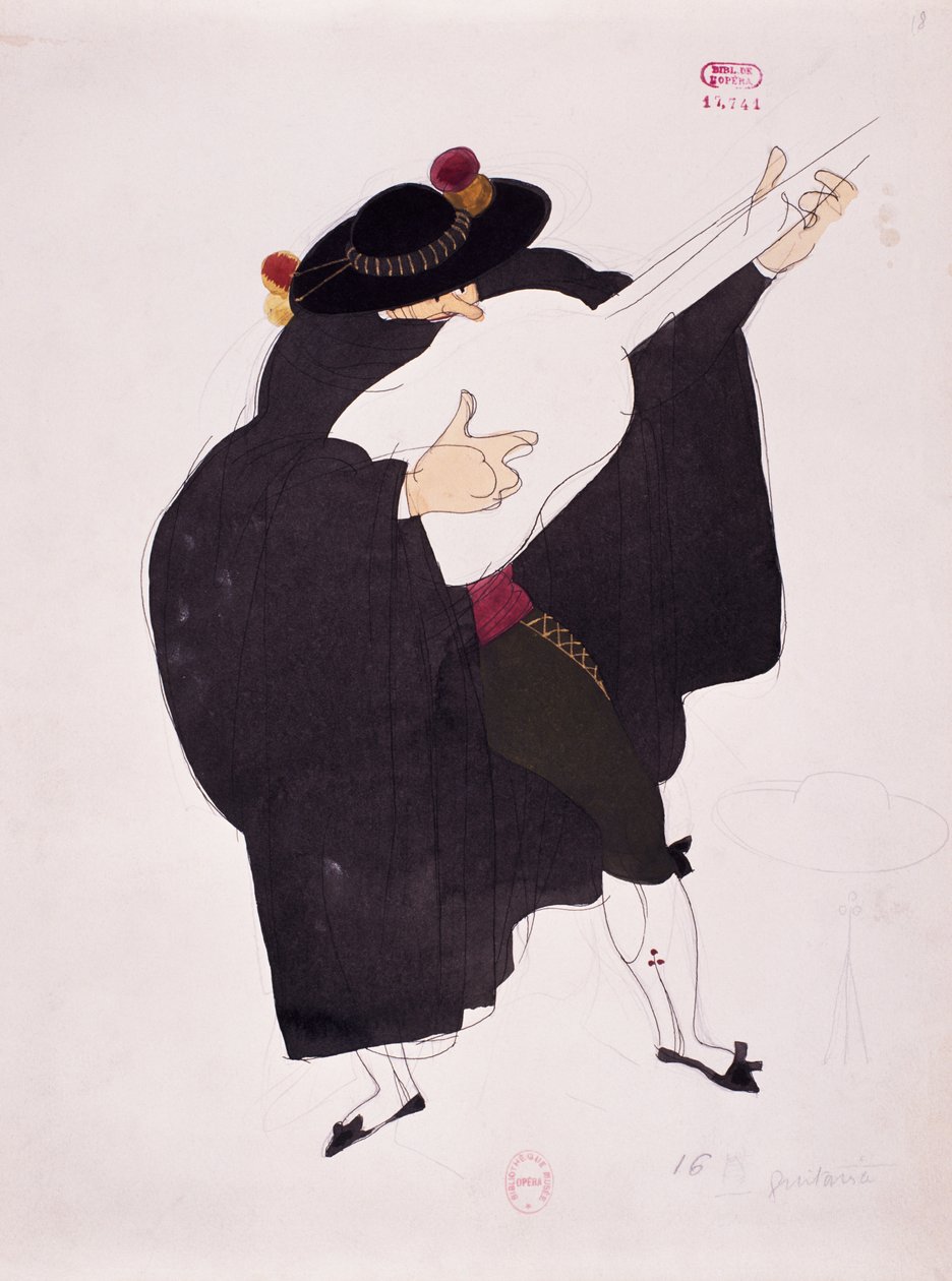 Gioacchino Rossini A sevillai borbély gitárosának jelmeze, Charles Martin vázlata (1884-1934) alkotó: Charles Martin