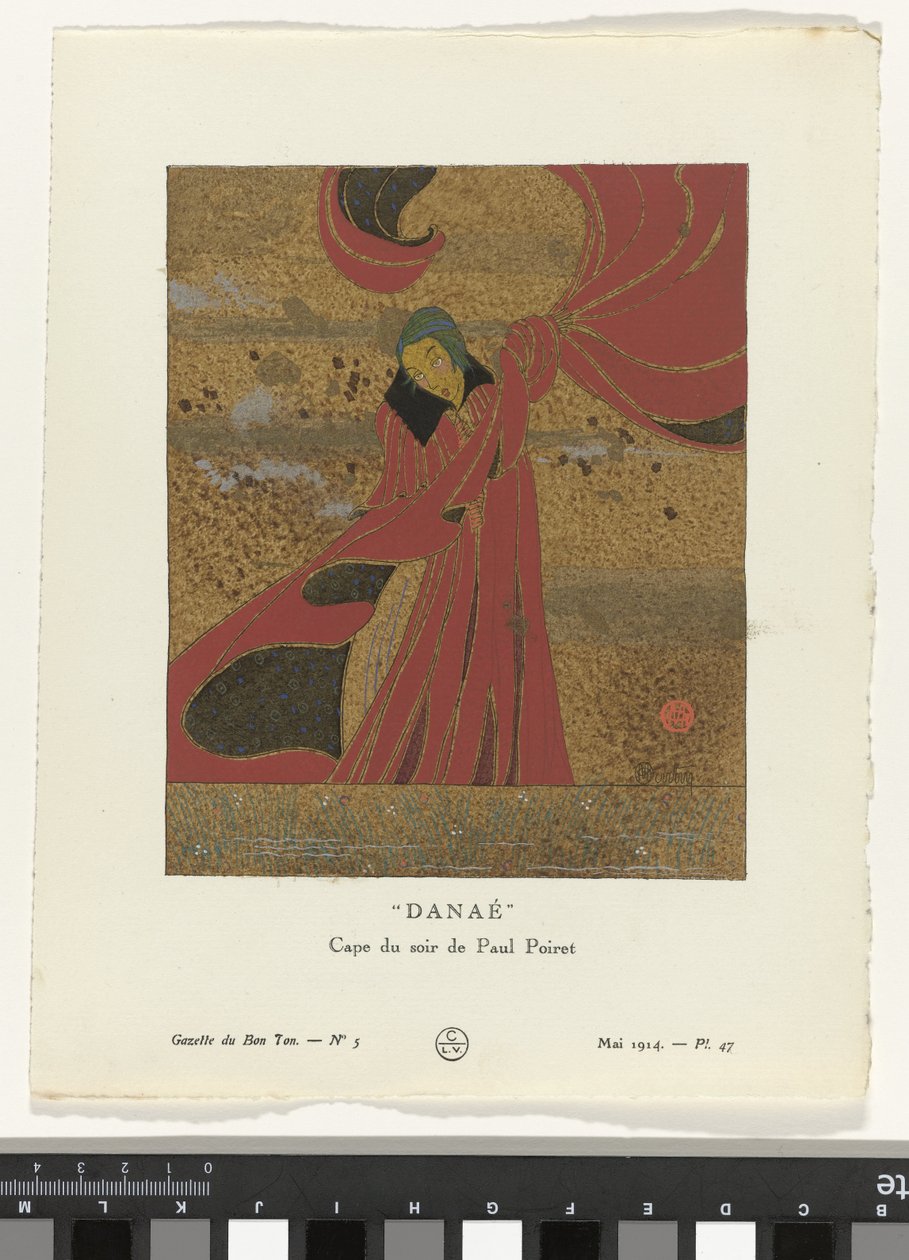 Gazette du Bon Ton, 1914 - No. 5, Pl. 47: Danae / Evening Cape, Paul Poiret (cím a tárgyon) alkotó: Charles Martin