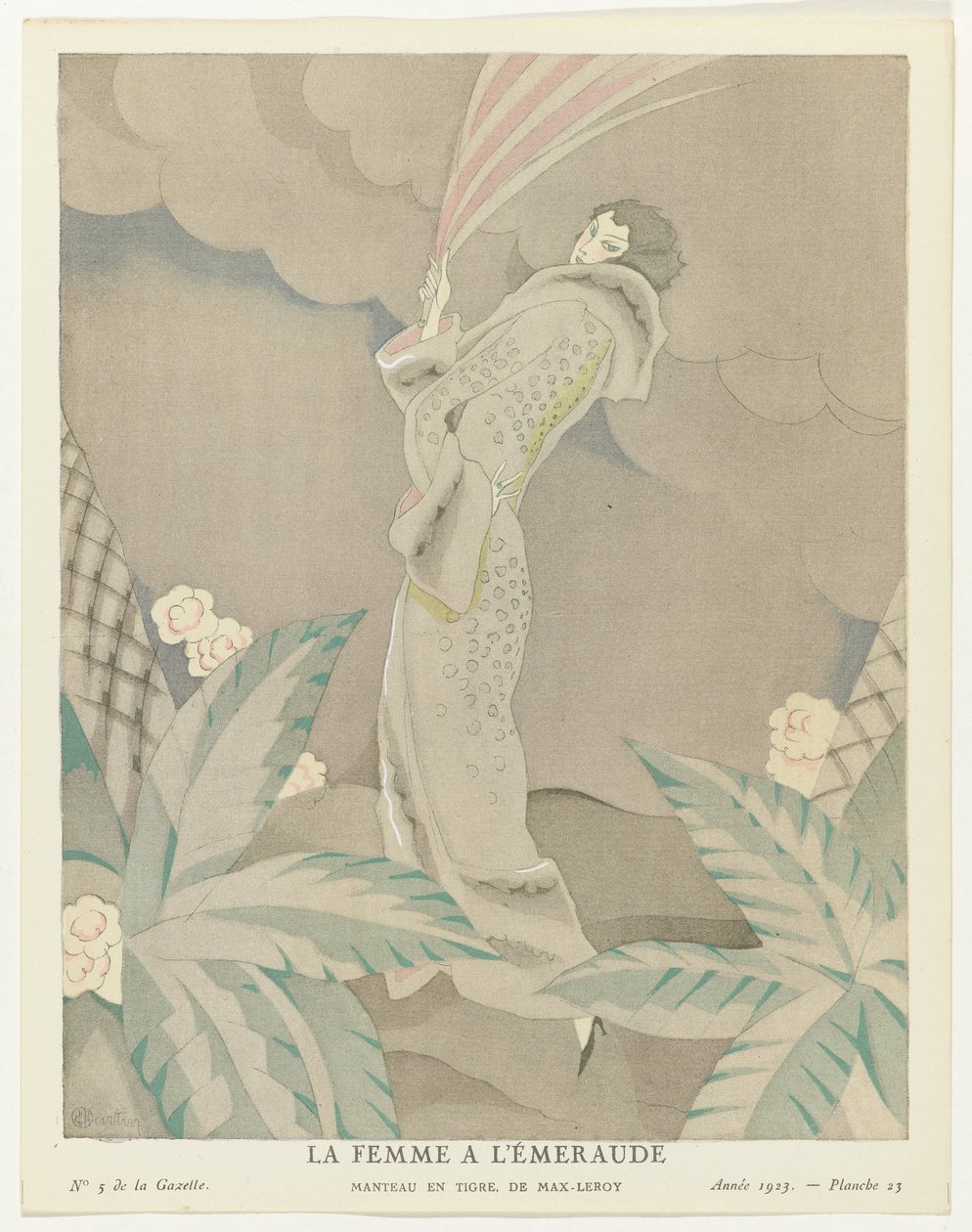 Gazette du Bon Ton 1923, No. 5, Pl. 23: The Emerald Woman – Tigriskabát, Max-Leroy (cím a tárgyon) alkotó: Charles Martin