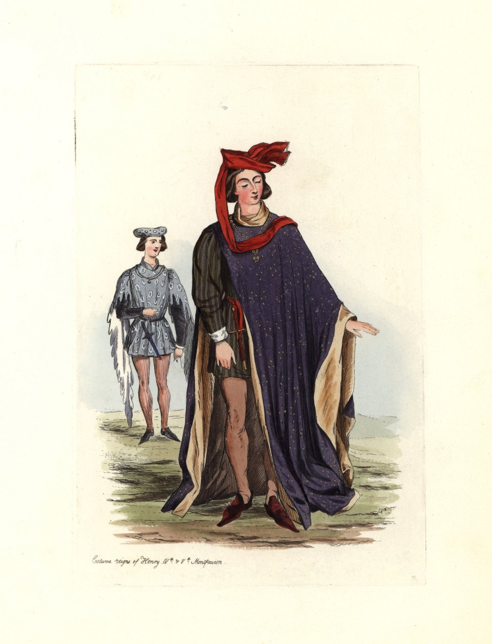Tipikus férfi viselet IV. Henrik és V. Henrik idejében, illusztráció az „Anglia polgári viseletei a honfoglalástól napjainkig” c. alkotó: Charles Martin