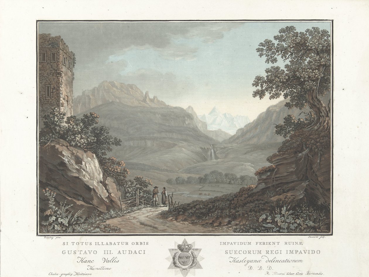Berglandschap Zvájcban Kilátás az Oberhashi-völgyre (cím a tárgyon) Figyelemre méltó kilátás a svájci hegyekre (sorozat címe) alkotó: Charles Melchior Descourtis