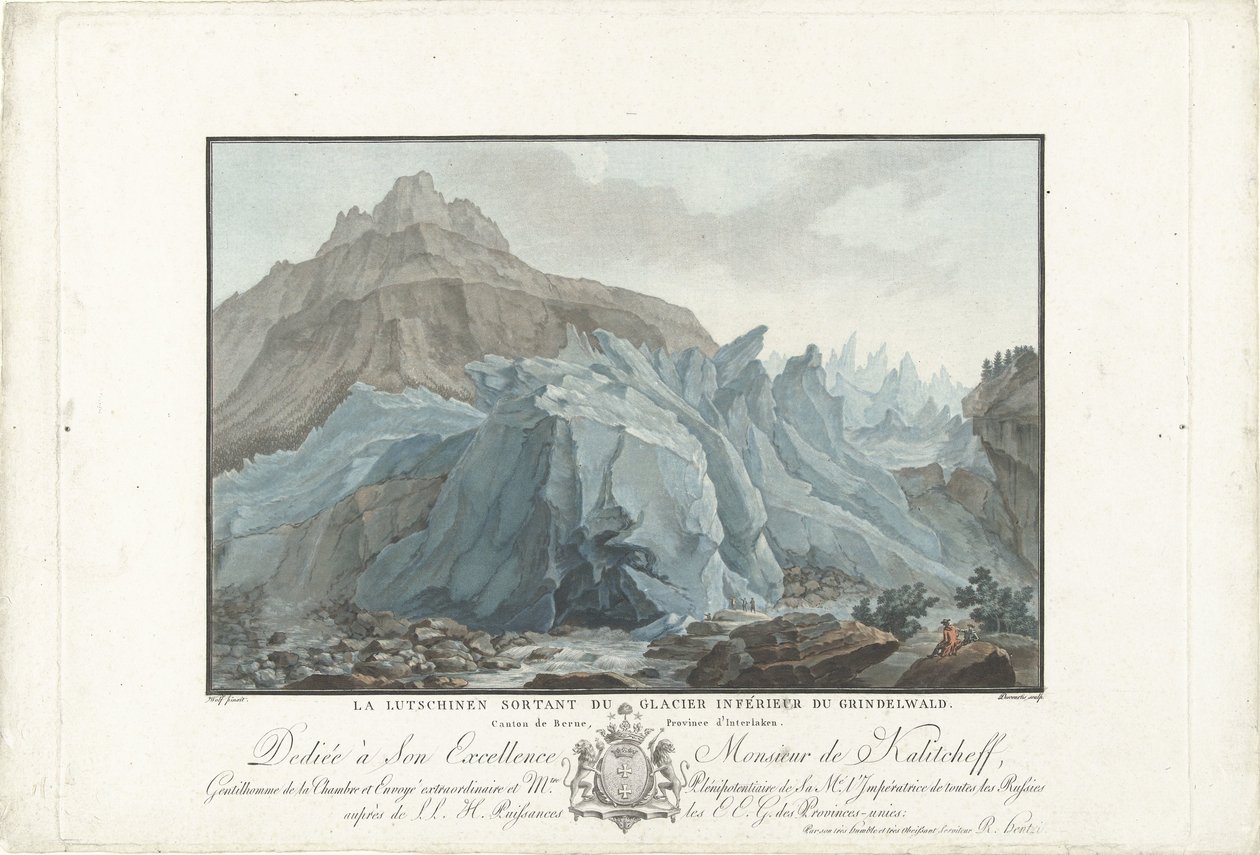 Gletsjer bij Grindelwald Az Alsó-Grindelwald-gleccserből kibukkanó Lutschinen. Bern kanton, Interlaken tartomány (cím a tárgyon) Figyelemre méltó kilátás a svájci hegyekre (sorozat címe) alkotó: Charles Melchior Descourtis