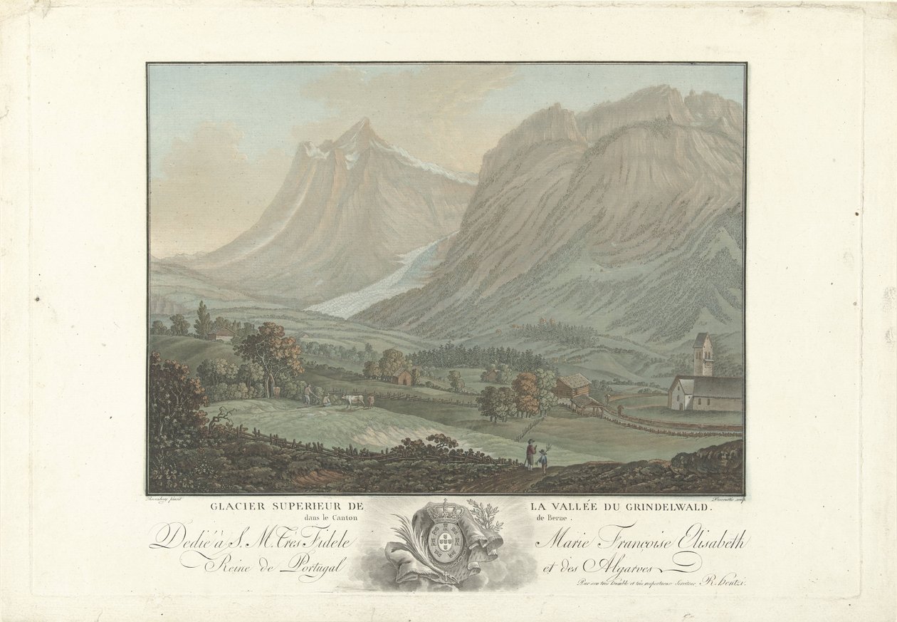 Gletsjer bij de valley van Grindelwald A Grindelwald-völgy felső gleccse Bern kantonban (cím az objektumon) Figyelemre méltó kilátás a svájci hegyekre (sorozat címe) alkotó: Charles Melchior Descourtis