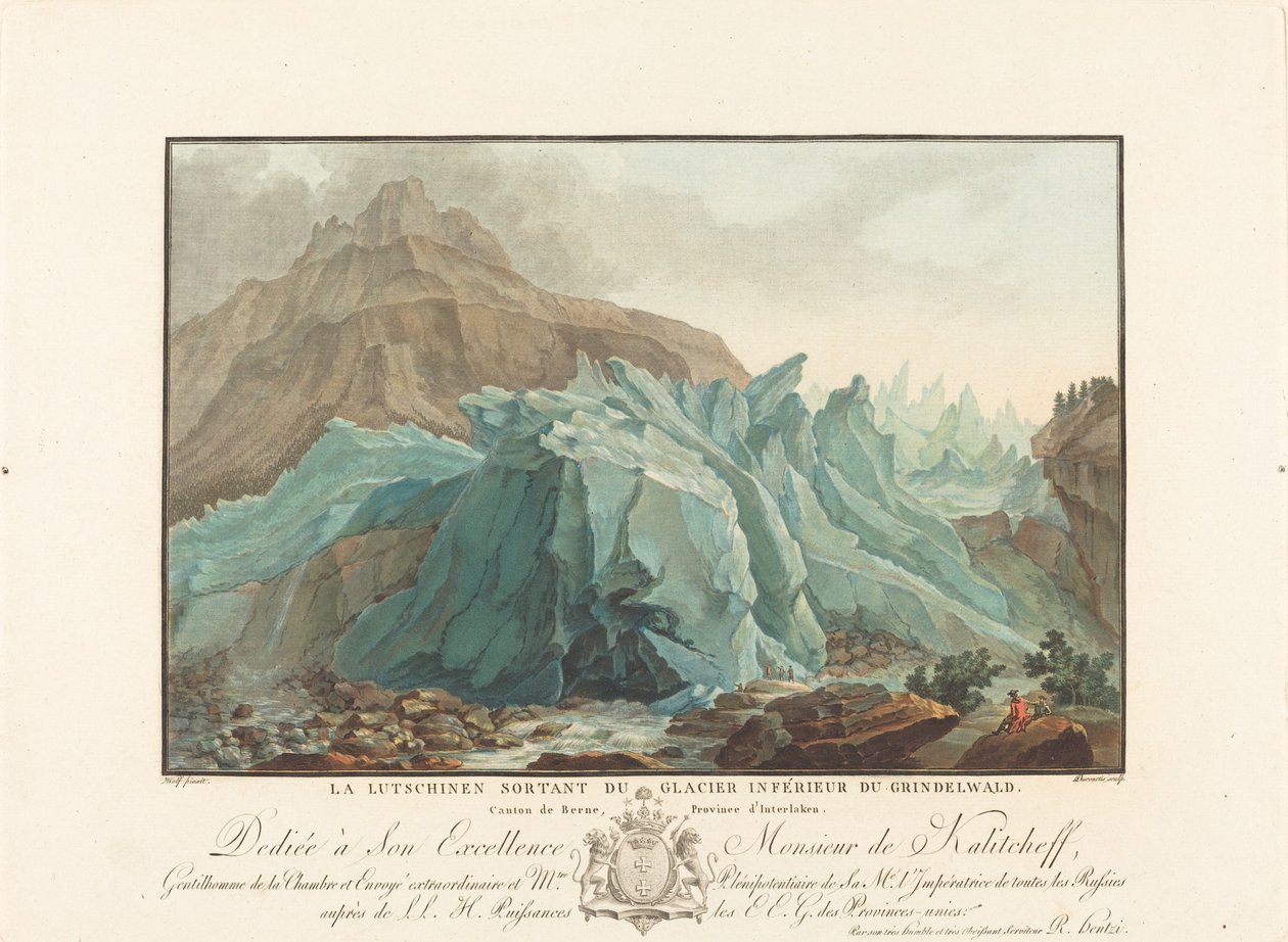 A Lutschinen az alsó Grindelwald-gleccserből kiemelkedik, 1785. alkotó: Charles Melchior Descourtis