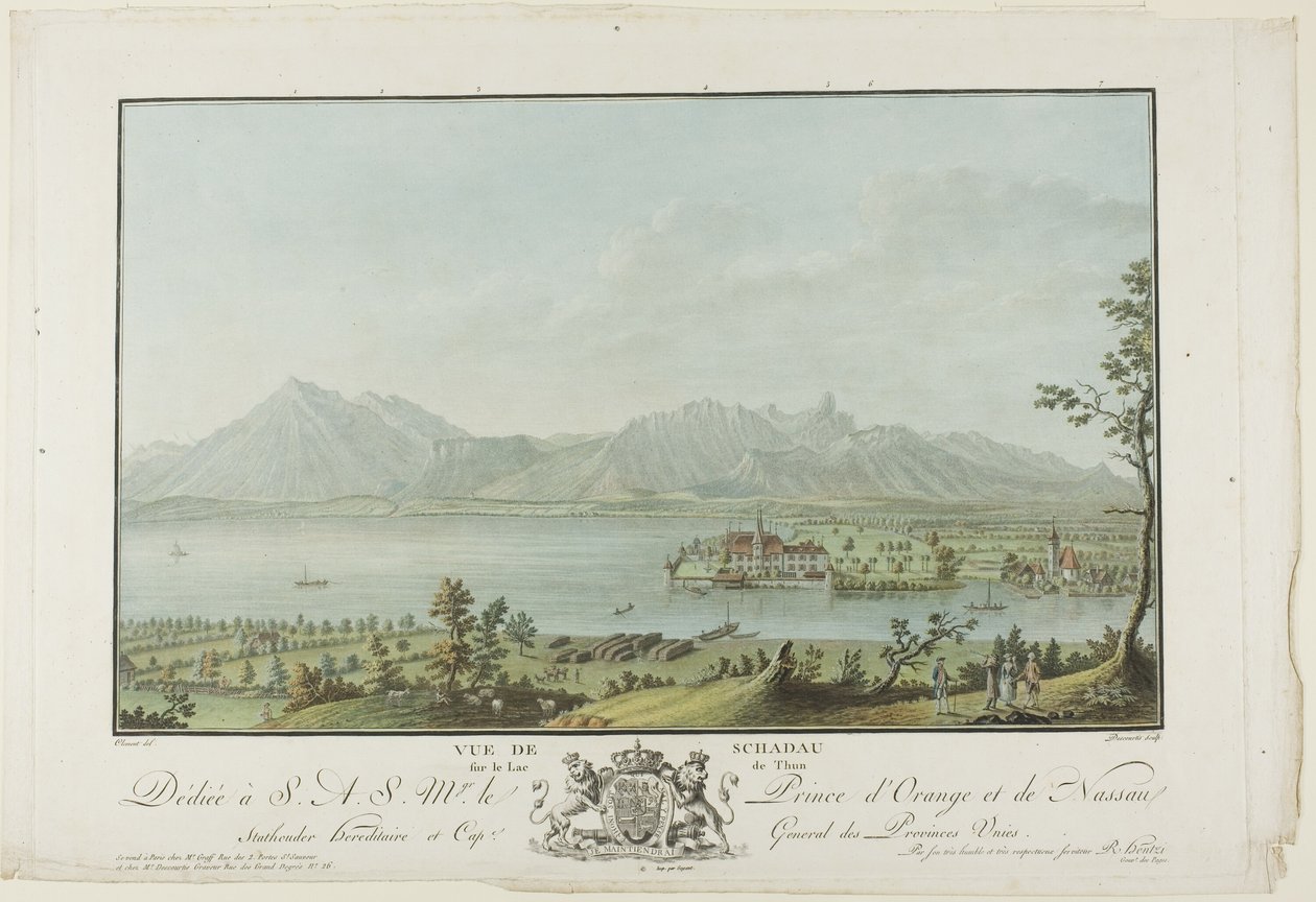 Kilátás Schadauból a Thun-tóra alkotó: Charles Melchior Descourtis
