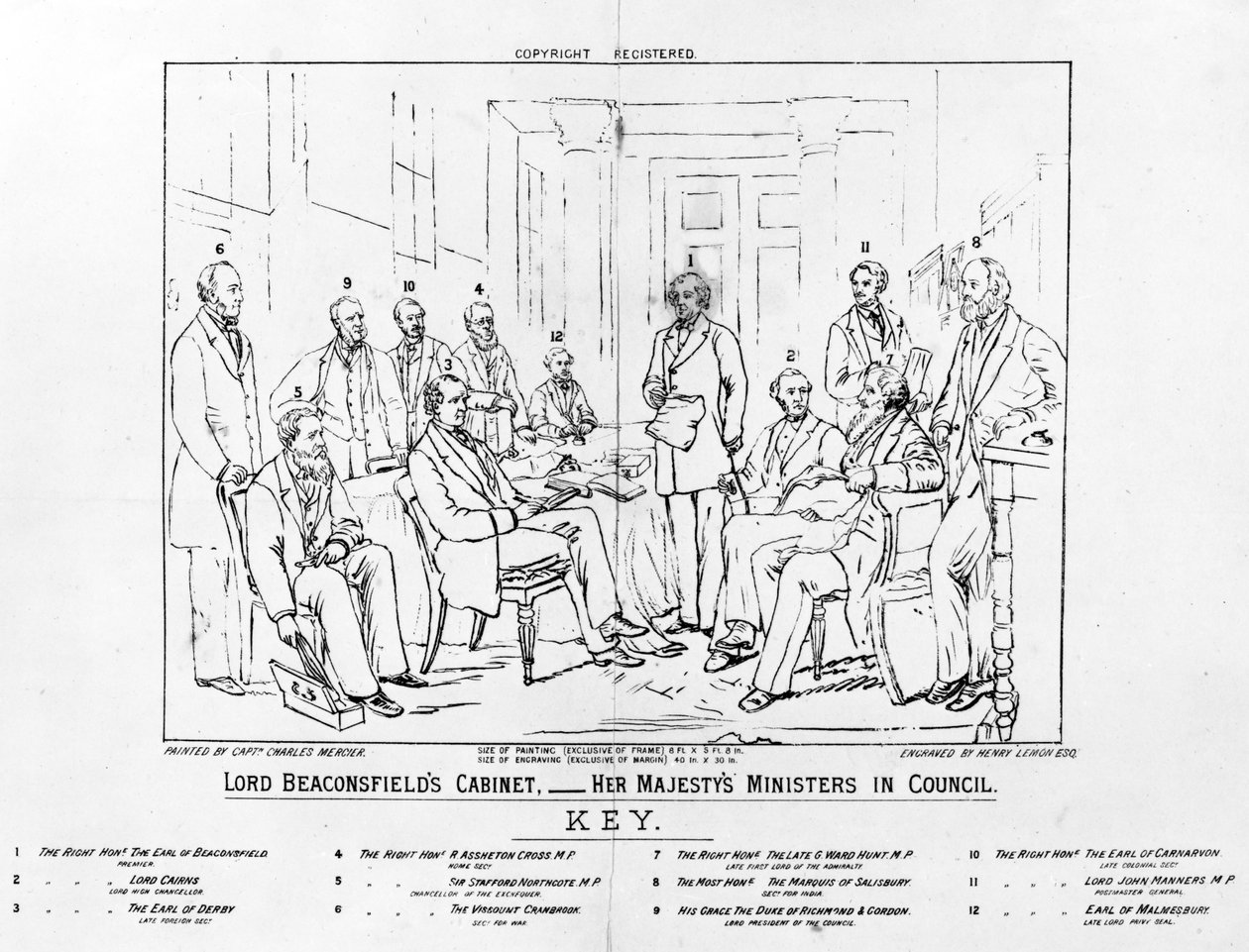Lord Beaconsfield kabinetje 1874 – Őfelsége miniszterei a Tanácsban, Henry Lemon által készített nyomat, 1880 (metszet) alkotó: Charles Mercier