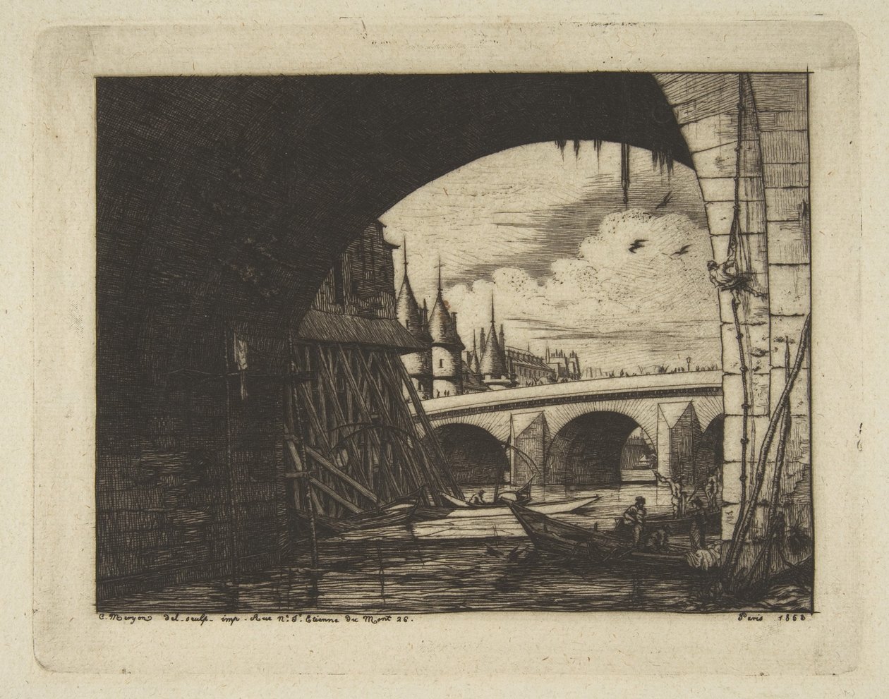Archway, Pont Nôtre-Dame, Párizs, az „Etchings of Paris” című műből alkotó: Charles Meryon