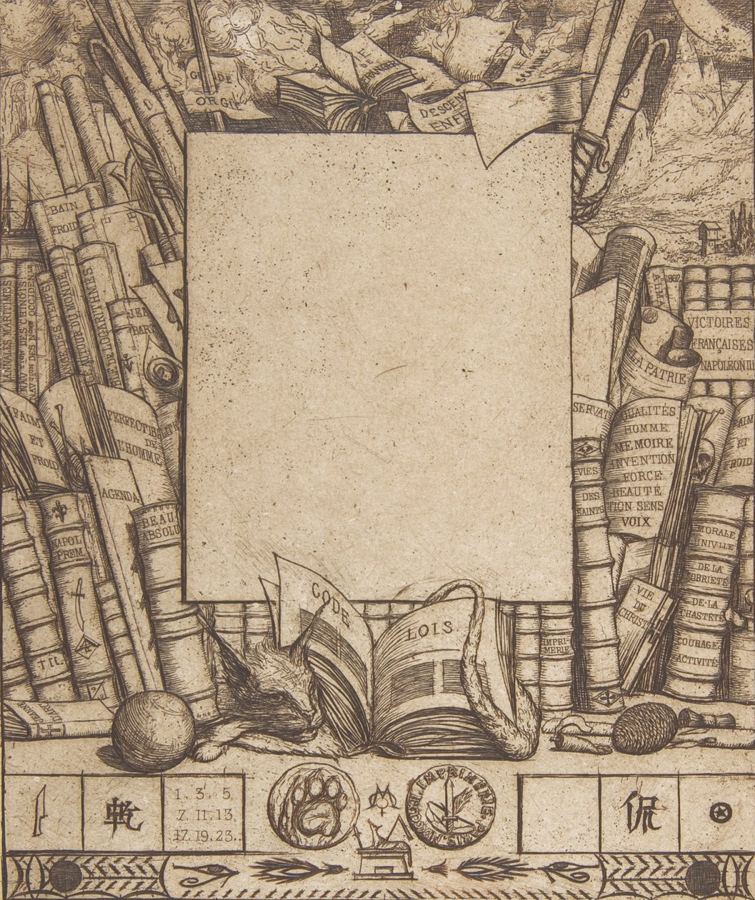 Tervezés Armand Guéraud portréjának keretéhez, 1862. alkotó: Charles Meryon