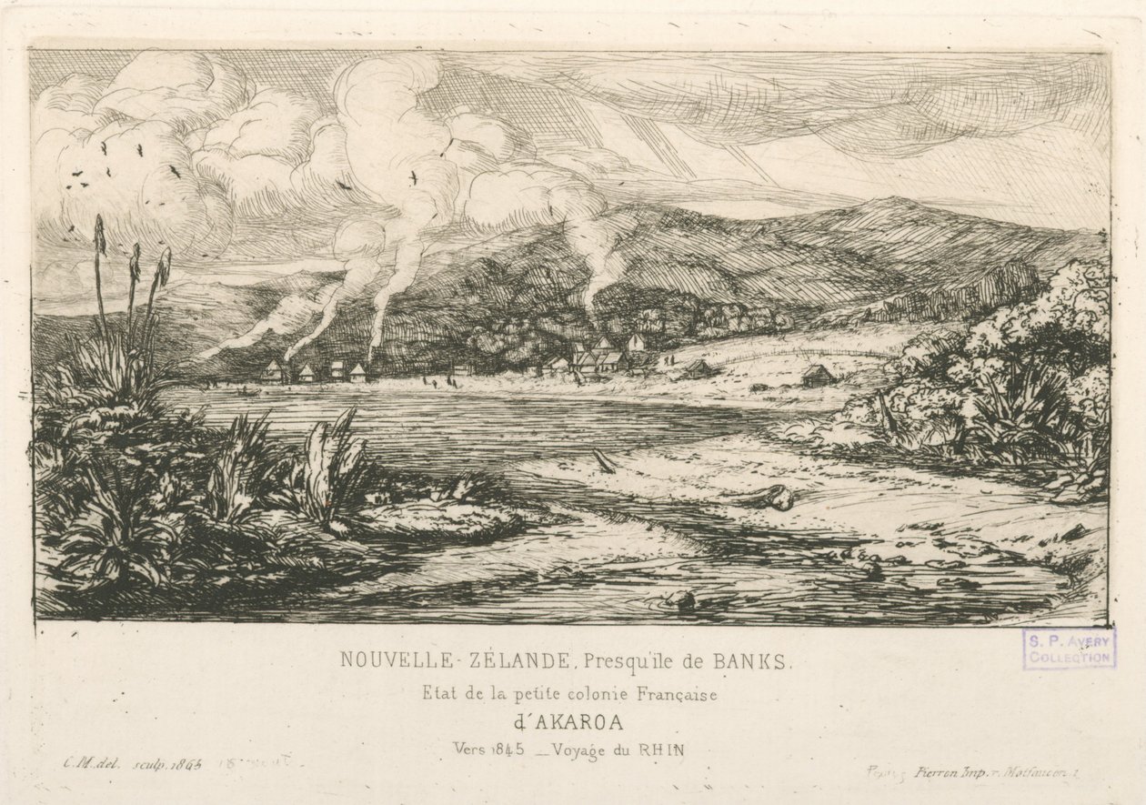 A kis francia gyarmat, Akaroa állapota, illusztráció a "Rézkarcok a Csendes-óceánról..." c. alkotó: Charles Meryon