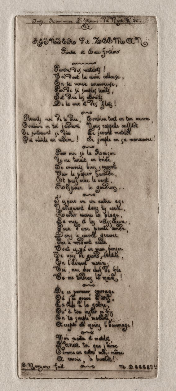 Párizs rézkarcai: Dedikáció Reynier Noomsnak, Zeeman néven, 1854. alkotó: Charles Meryon