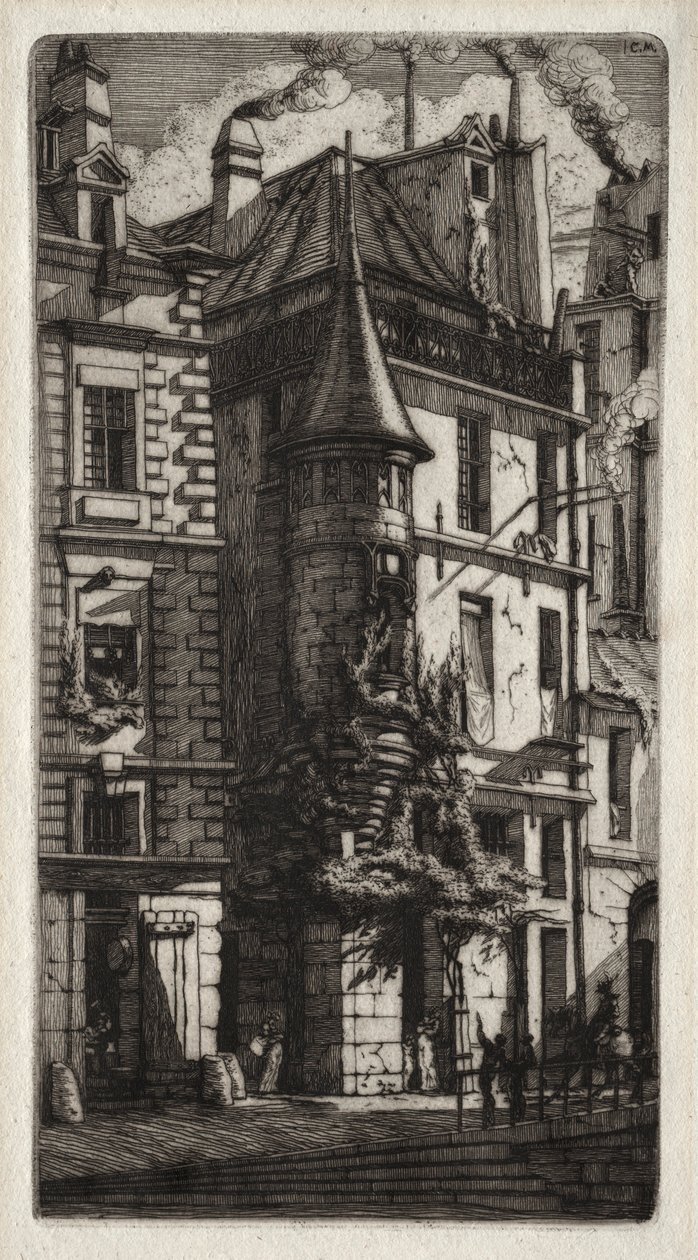 Párizs rézkarcai: Ház toronnyal, Weavers Street, 1852. alkotó: Charles Meryon