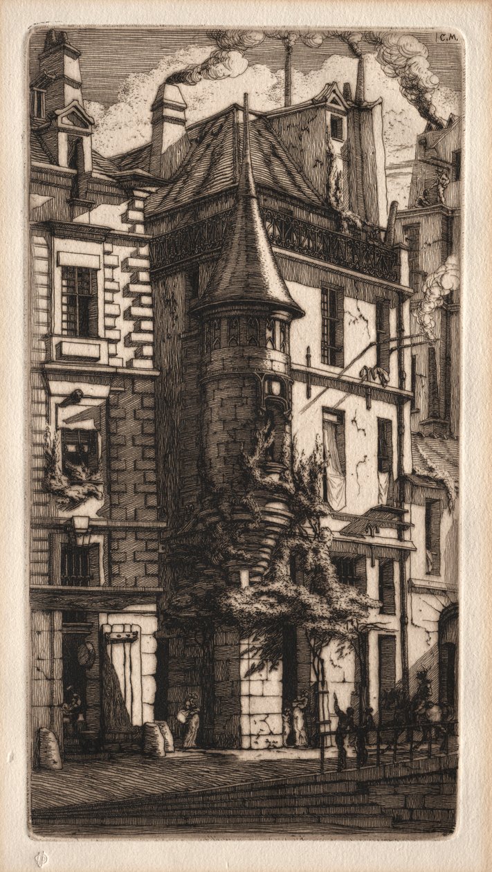Párizs rézkarcai: Ház toronnyal, Weavers Street, 1852. alkotó: Charles Meryon