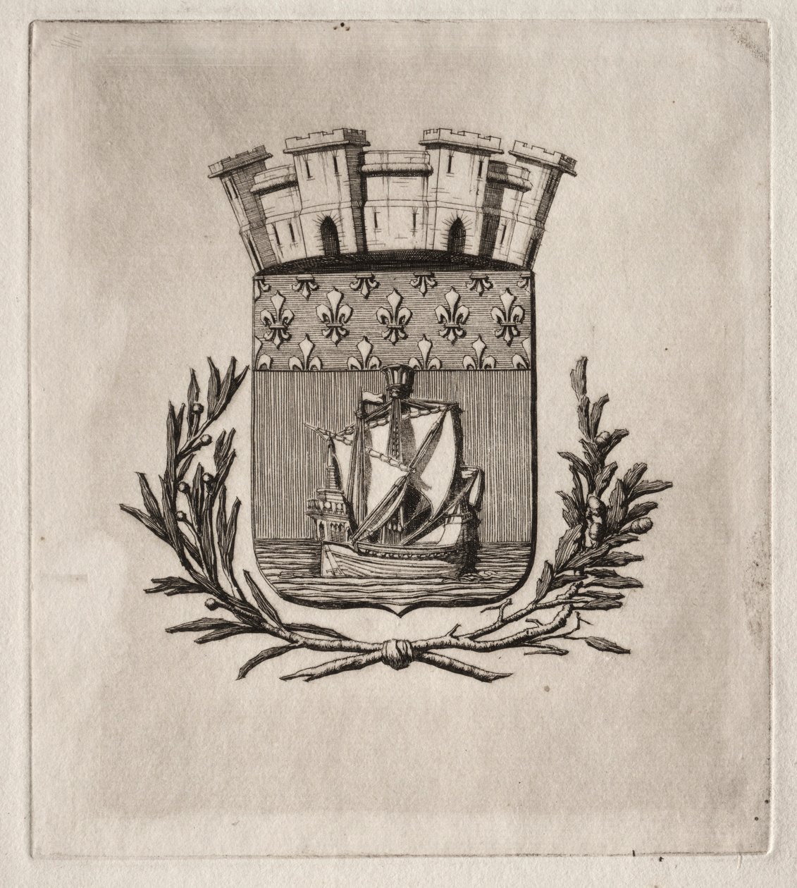 Párizs rézkarcai: Párizs városának szimbolikus karjai, 1854. alkotó: Charles Meryon