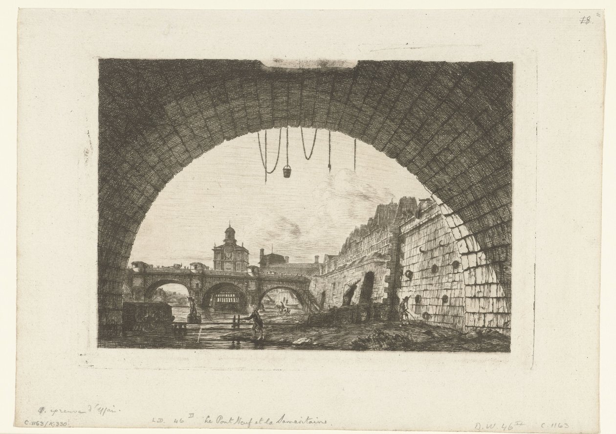 Gezicht op Pont-Neuf van onder boog Pont-au-Change Párizsban A Pont Neuf és a Samaritaine a Pont au Change első íve alól alkotó: Charles Meryon