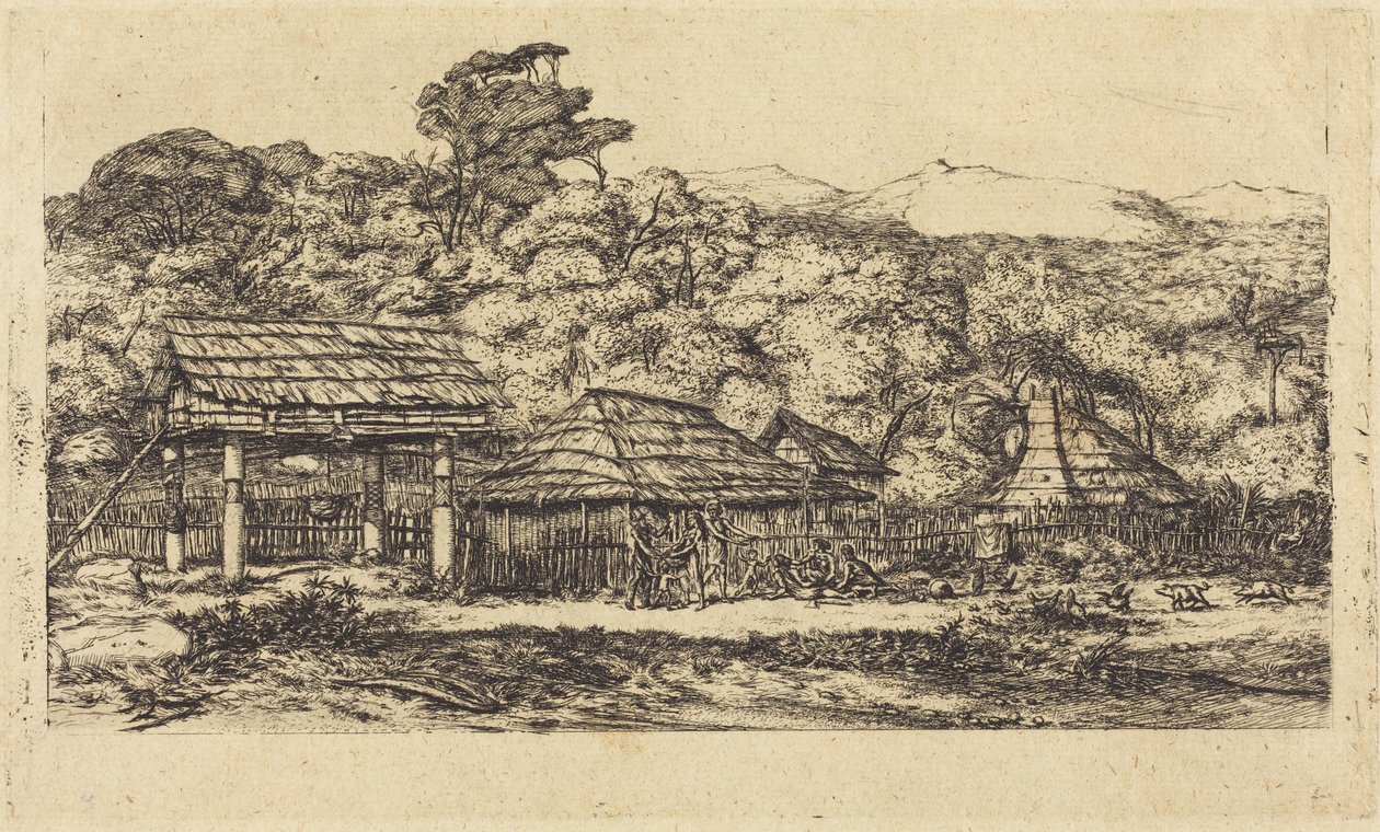 Őslakos pajták és kunyhók Akaroa városában, a Banks-félszigeten, 1845 alkotó: Charles Meryon