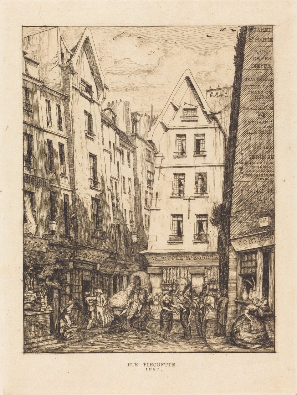 A Rue Pirouette a piacok közelében, Párizs (Pirouette utca, a piacok közelében, Párizs) alkotó: Charles Meryon