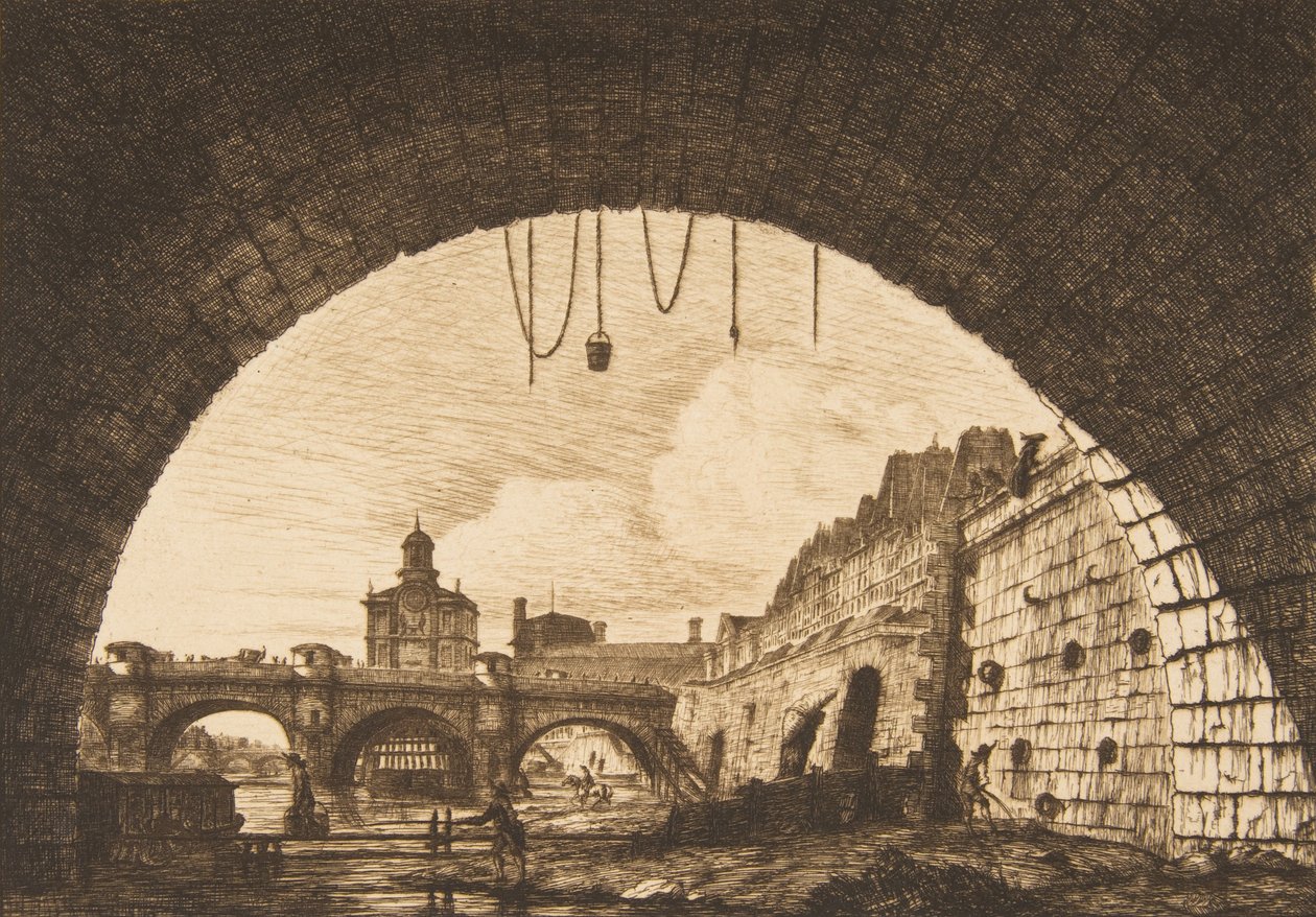 A Pont-neuf és a Samaritaine a Pont-au-Change Pont-neuf... első íve alól, 1855. alkotó: Charles Meryon