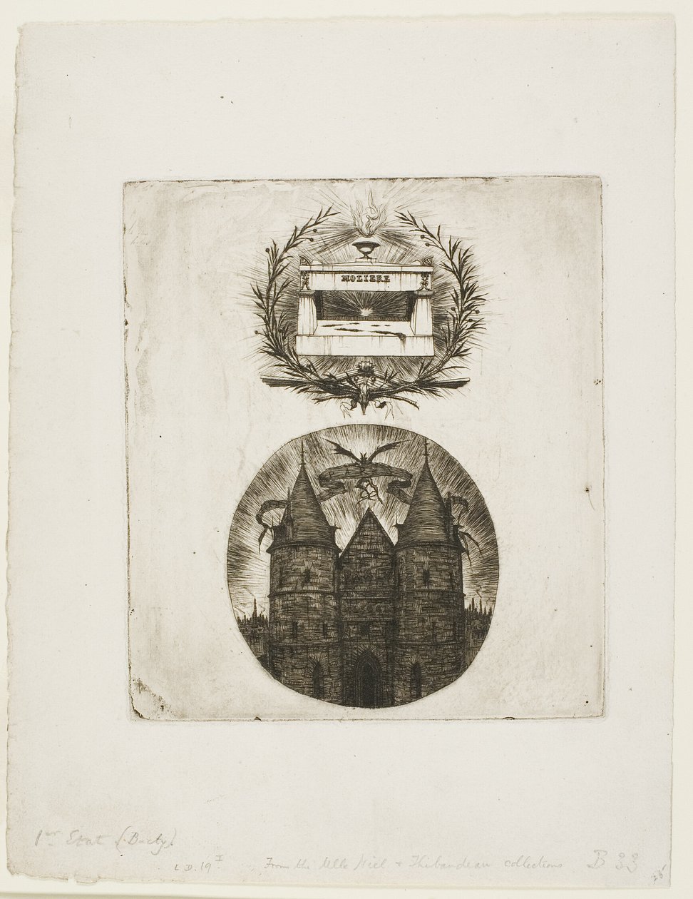 Molière sírja, Père-Lachaise temető, Párizs és az Igazságügyi Palota régi kapuja, Párizs alkotó: Charles Meryon
