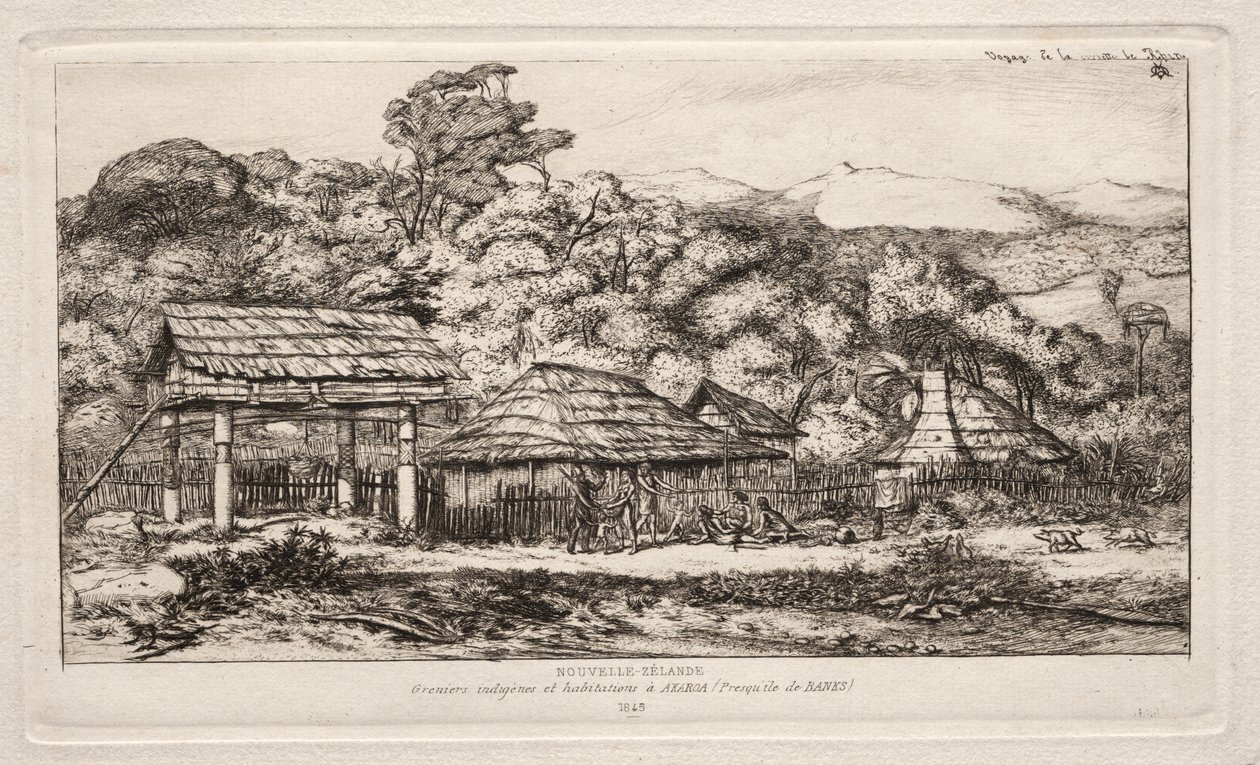 Natív pajták és kunyhók Akaroán, Banks-félszigeten, 1845 alkotó: Charles Meryon