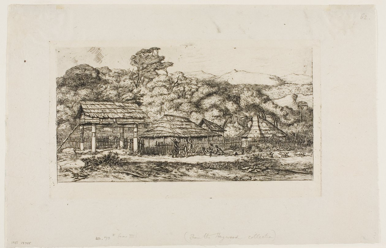 Bennszülött pajták és kunyhók Akaroa-ban, Banks-félsziget, 1845 alkotó: Charles Meryon