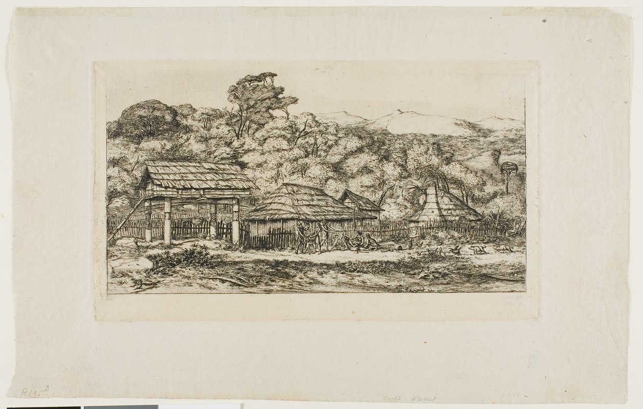 Bennszülött pajták és kunyhók Akaroa-ban, Banks-félsziget, 1845 alkotó: Charles Meryon