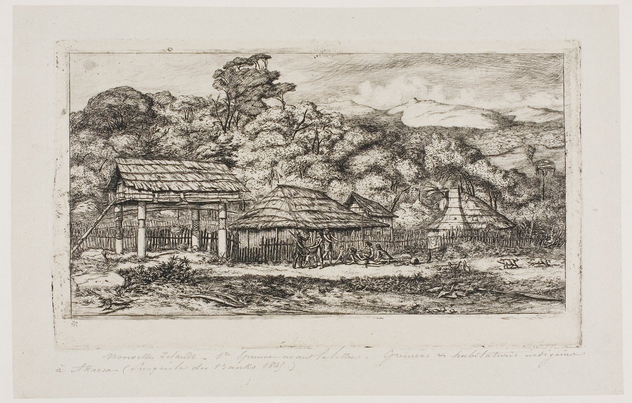 Bennszülött pajták és kunyhók Akaroa-ban, Banks-félsziget, 1845 alkotó: Charles Meryon