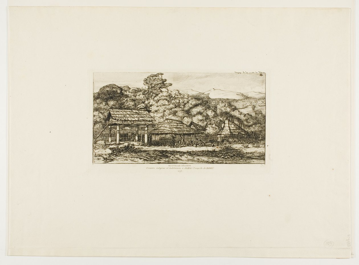 Bennszülött pajták és kunyhók Akaroa-ban, Banks-félsziget, 1845 alkotó: Charles Meryon