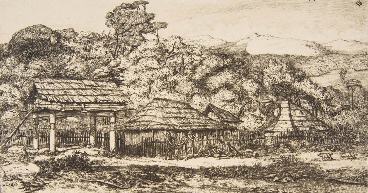 Natív pajták és kunyhók Akaroában, Banks-félszigeten, 1845, 1860. alkotó: Charles Meryon