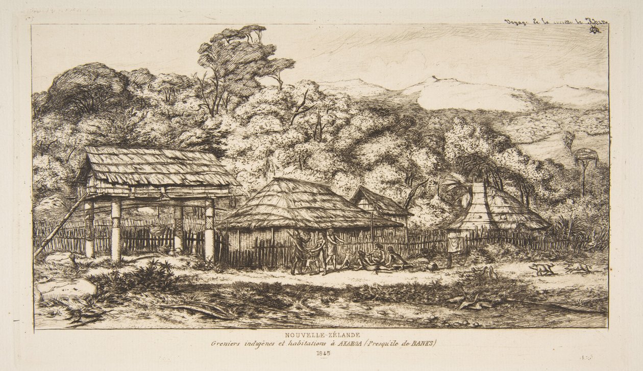 Őslakos istállók és kunyhók Akaroában, a Banks-félszigeten, 1845, az „Utazás Új-Zélandra (1842-46)” című műből alkotó: Charles Meryon