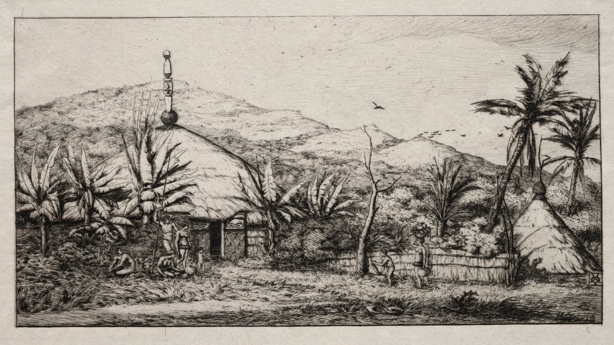 Új-Kaledónia: Nagy bennszülöttkunyhó a Balade-Puebo felé vezető úton, 1845 alkotó: Charles Meryon