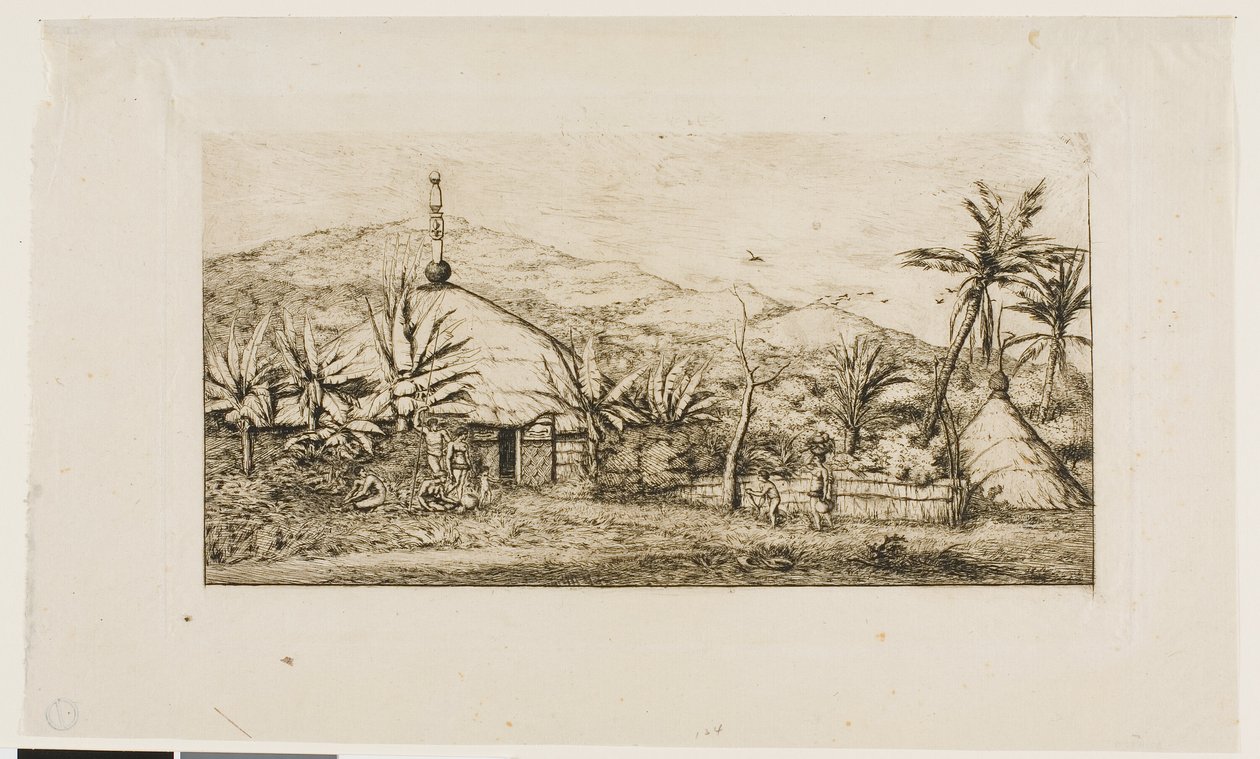 Új-Kaledónia: Nagy bennszülöttkunyhó a Balade-Puépo felé vezető úton, 1845 alkotó: Charles Meryon