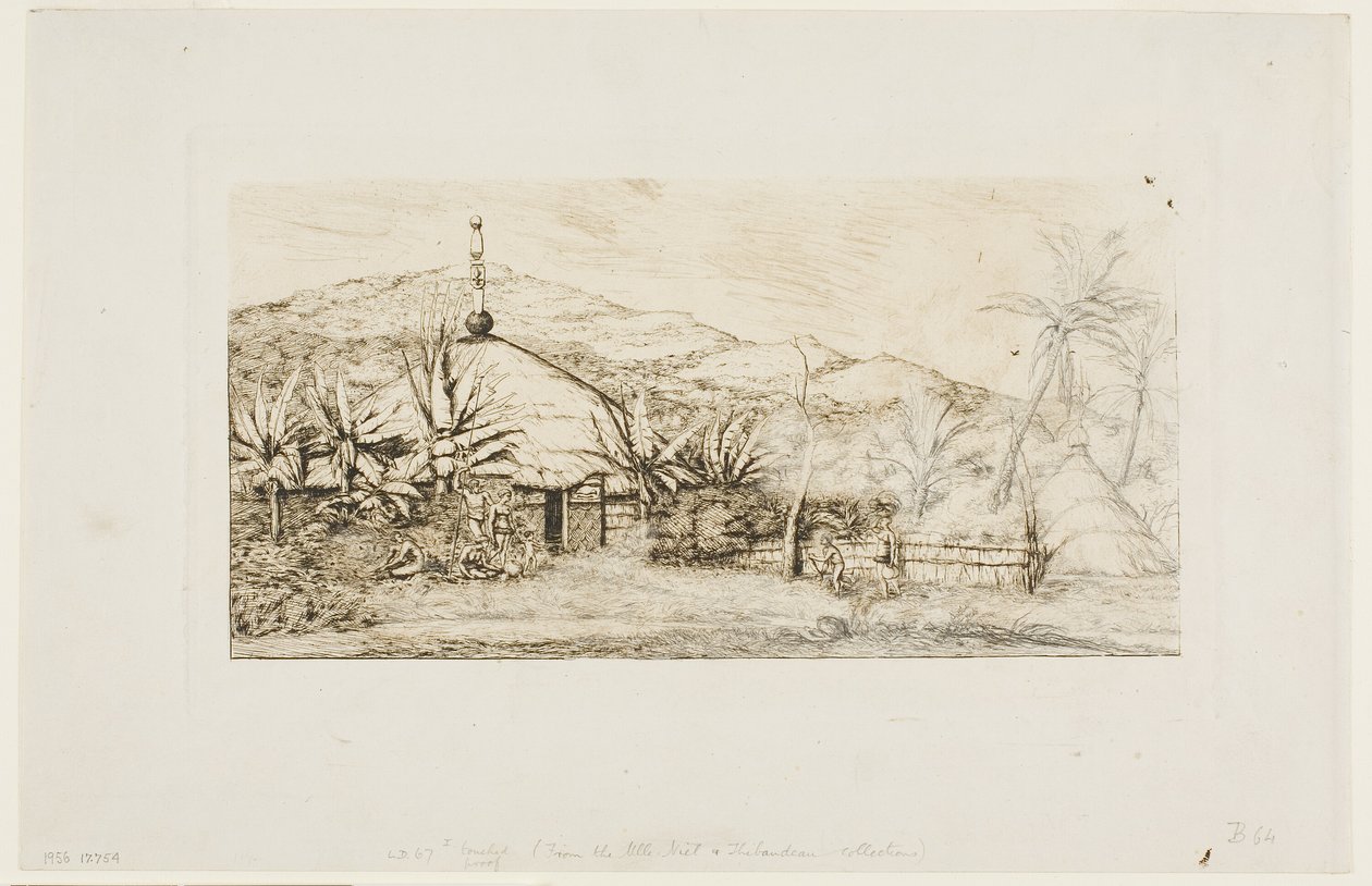 Új-Kaledónia: Nagy bennszülöttkunyhó a Balade-Puépo felé vezető úton, 1845 alkotó: Charles Meryon